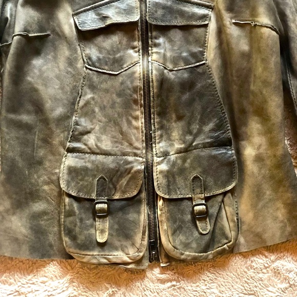 Blur Leather Aviator Jacket Khaki Green Cargo Pocket Bikercore - Picture 4 of 16